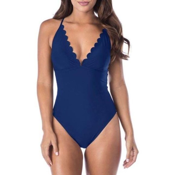 LA BLANCA Womens Blue Petal Pusher Tummy Control Scalloped One-Piece Swimsuit 8 - Picture 10 of 10